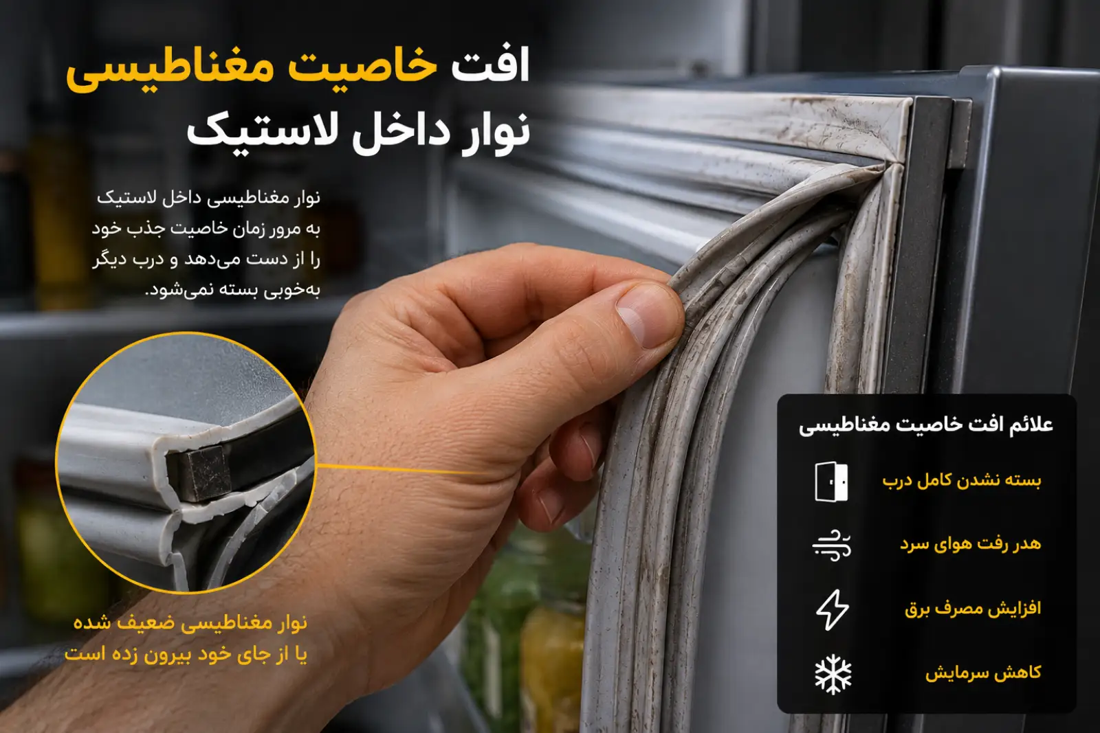افت خاصیت مغناطیسی نوار داخل لاستیک درب یخچال و کاهش چسبندگی درب
