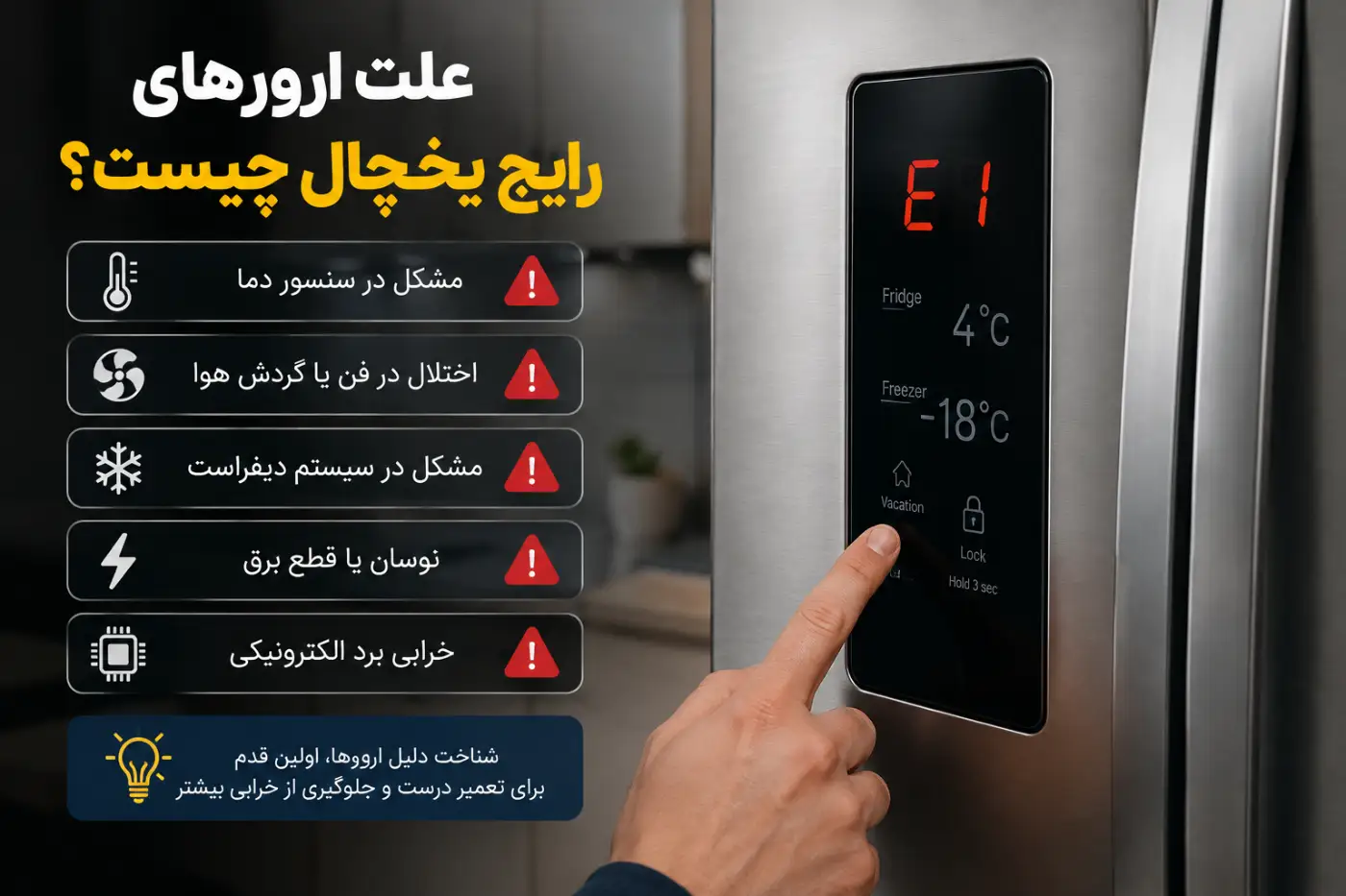 بررسی علت ارورهای رایج یخچال و معنی کدهای خطای روی نمایشگر