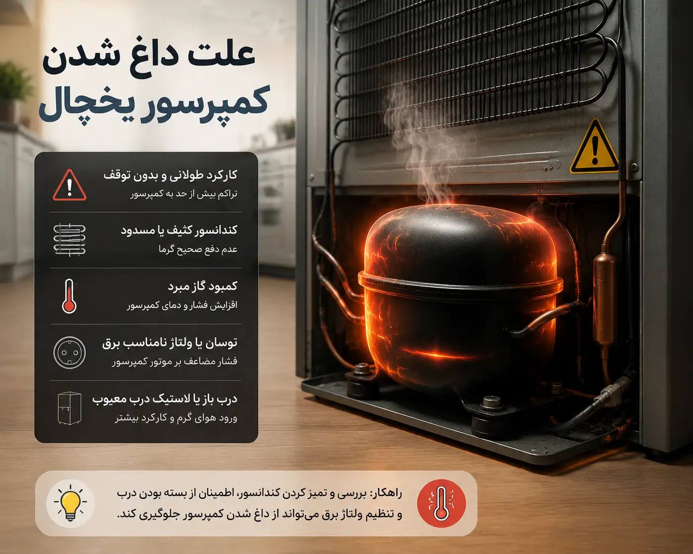 بررسی علت‌های داغ شدن کمپرسور یخچال و داغ شدن موتور یخچال